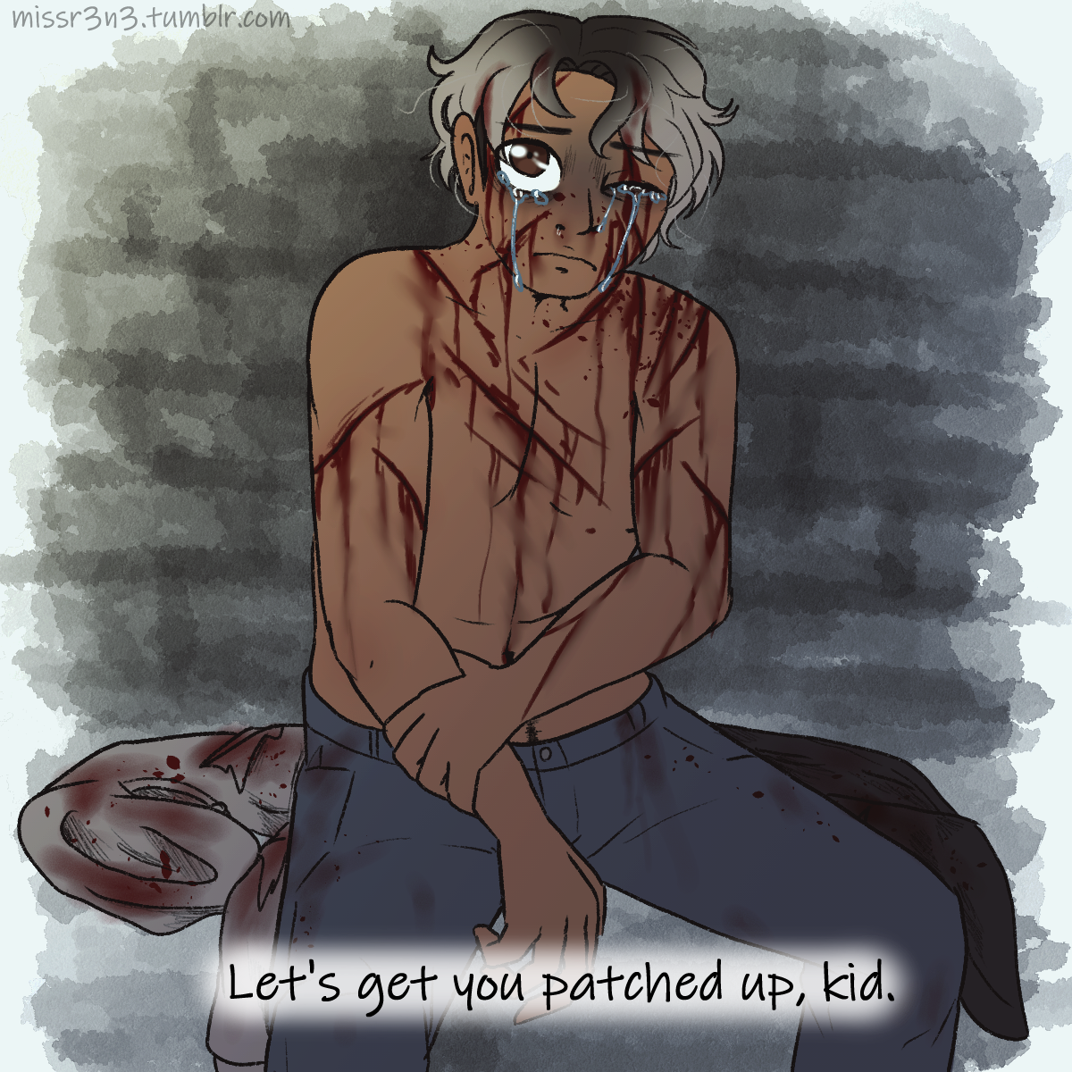 illustration of jonah covered in cuts with his shirt off. caption underneath reads 'let's get you patched up, kid.'